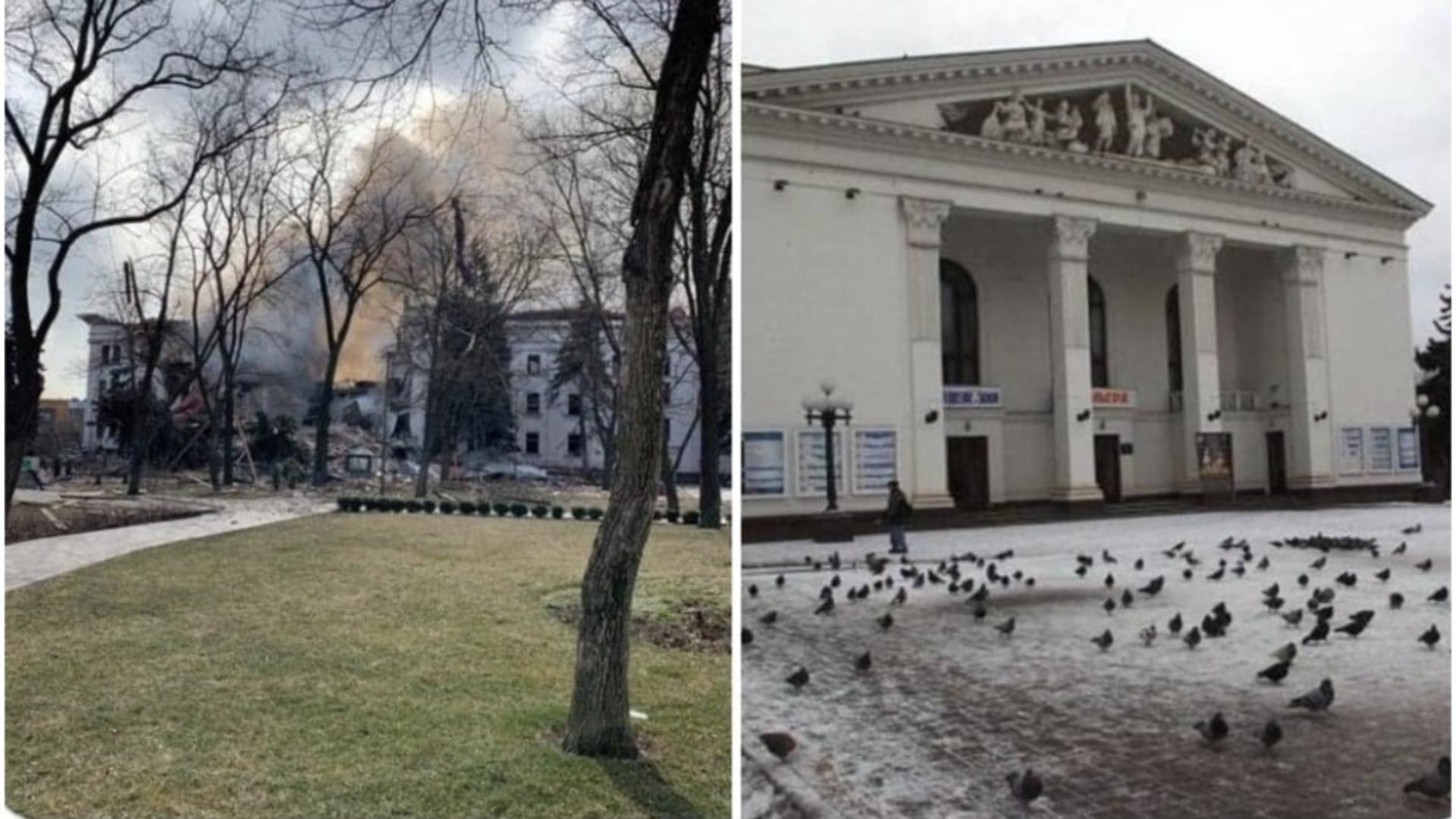 Teatrul din Mariupol, după și înainte de atacul rușilor / Foto: Twitter