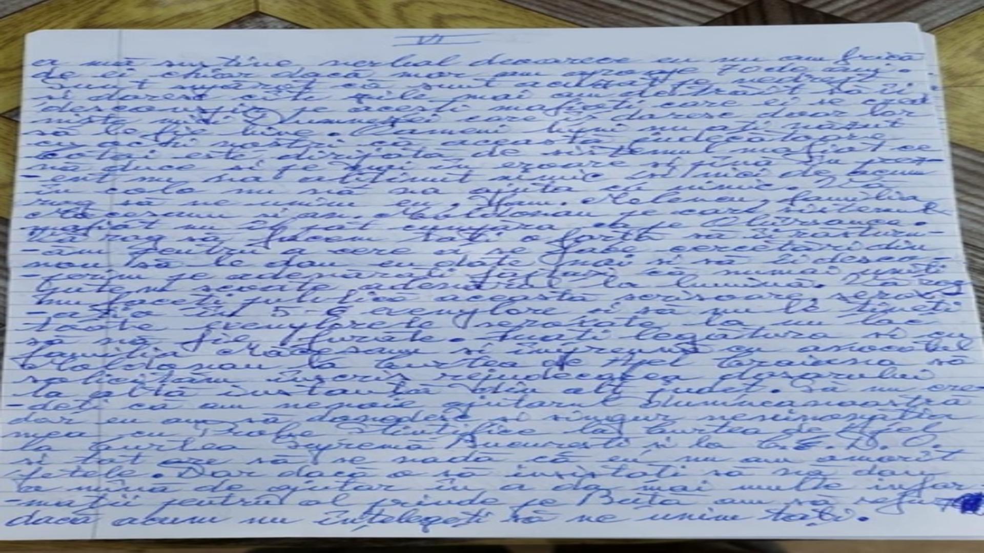 Scrisoarea lui Dincă din închisoare în care acuză rele tratamente. 