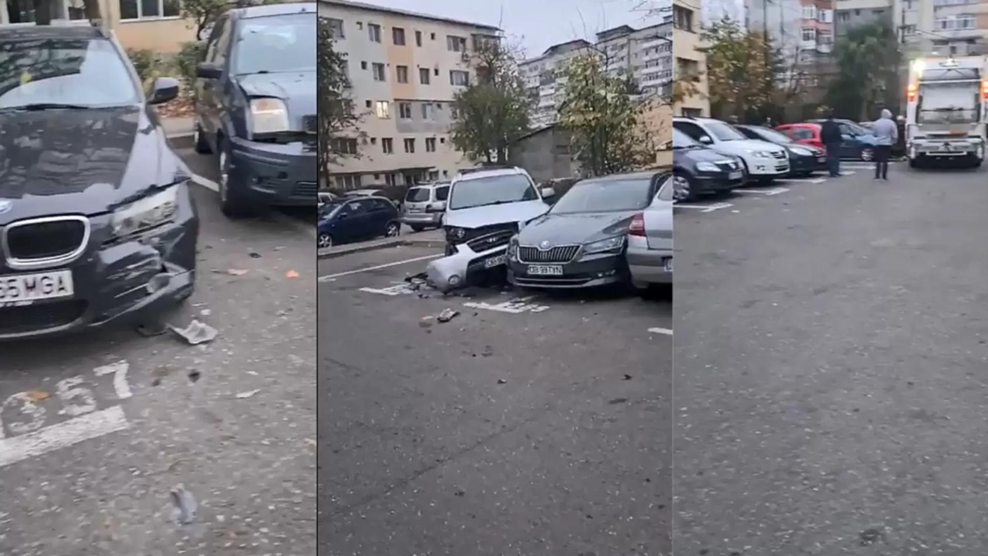 7 dintr-o lovitură: Accident în lanț într-o parcare din Târgoviște - Cum a reușit un camion de gunoi să lovească mașinile - Cine era la volan - VIDEO