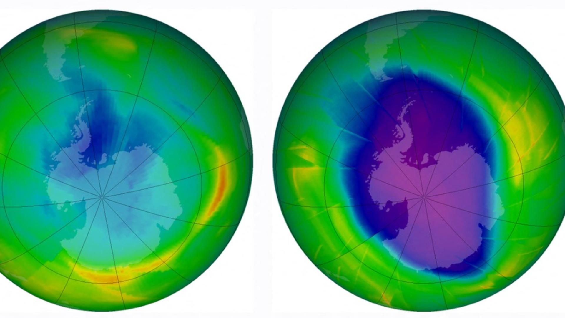 Grafică privind remedierea stratului de ozon (1979 - stanga, 2009 - dreapta) Profimedia