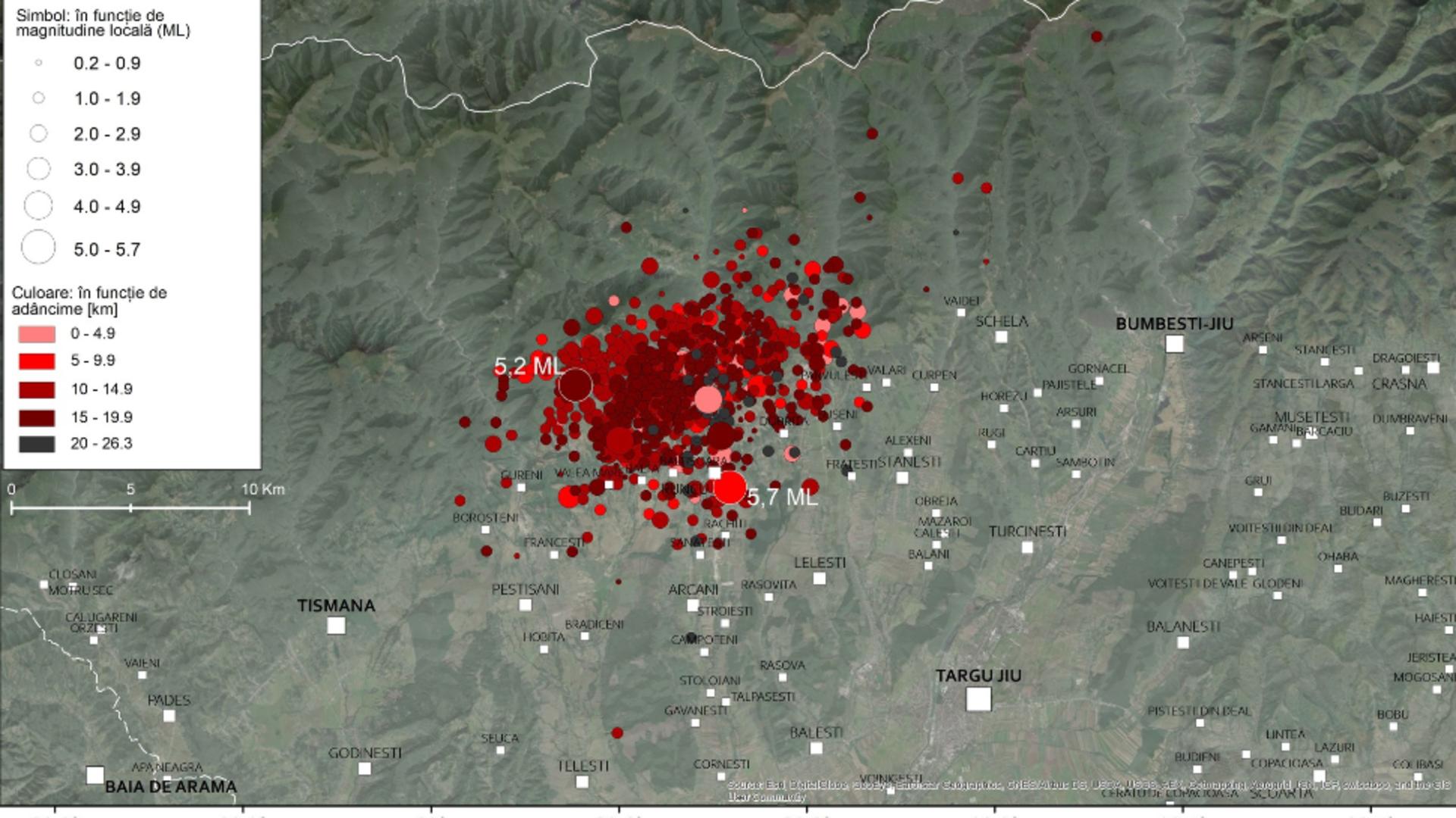 Harta cutremurelor produse în regiunea Gorj în perioada 13-21 februarie 2023. Foto: Facebook INFP