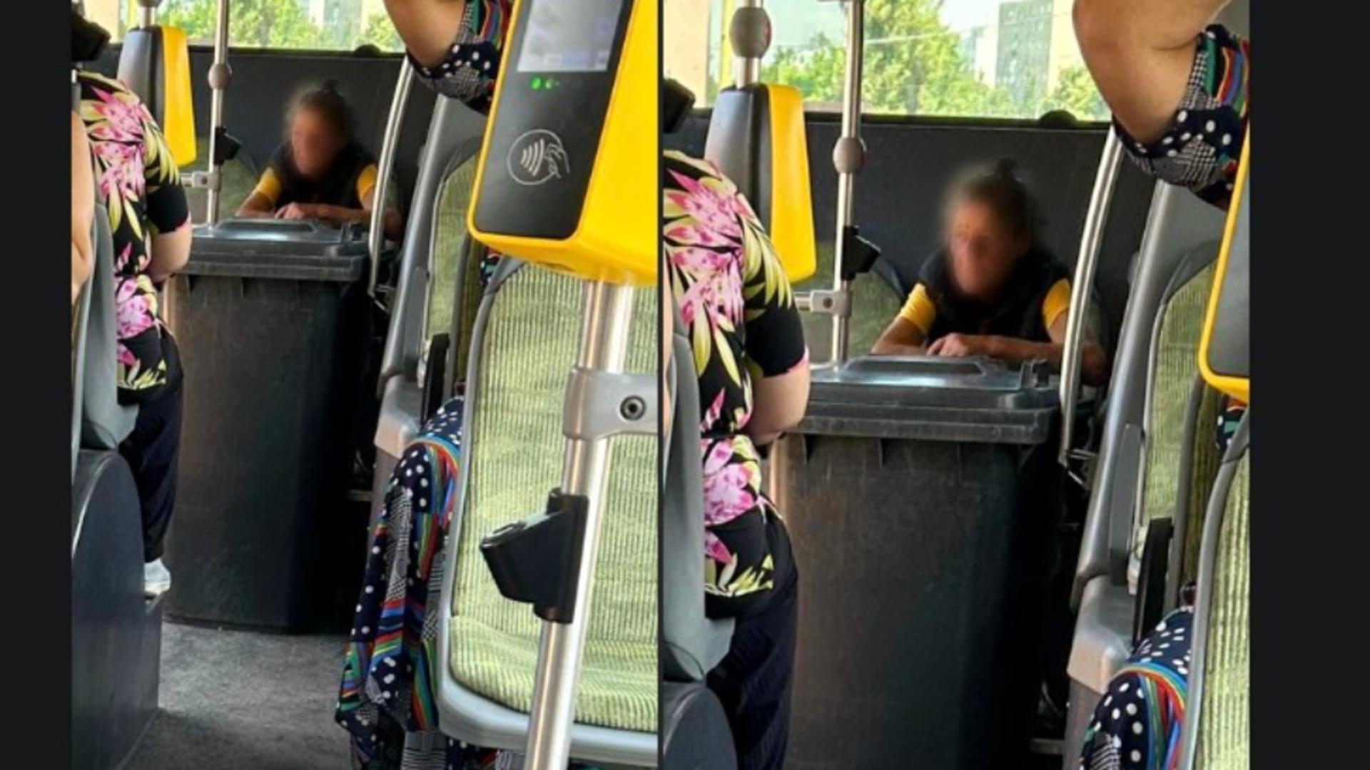 O femeie s-a urcat cu tomberonul în autobuz. Foto: Facebook/Reclamatii STB (RATB)
