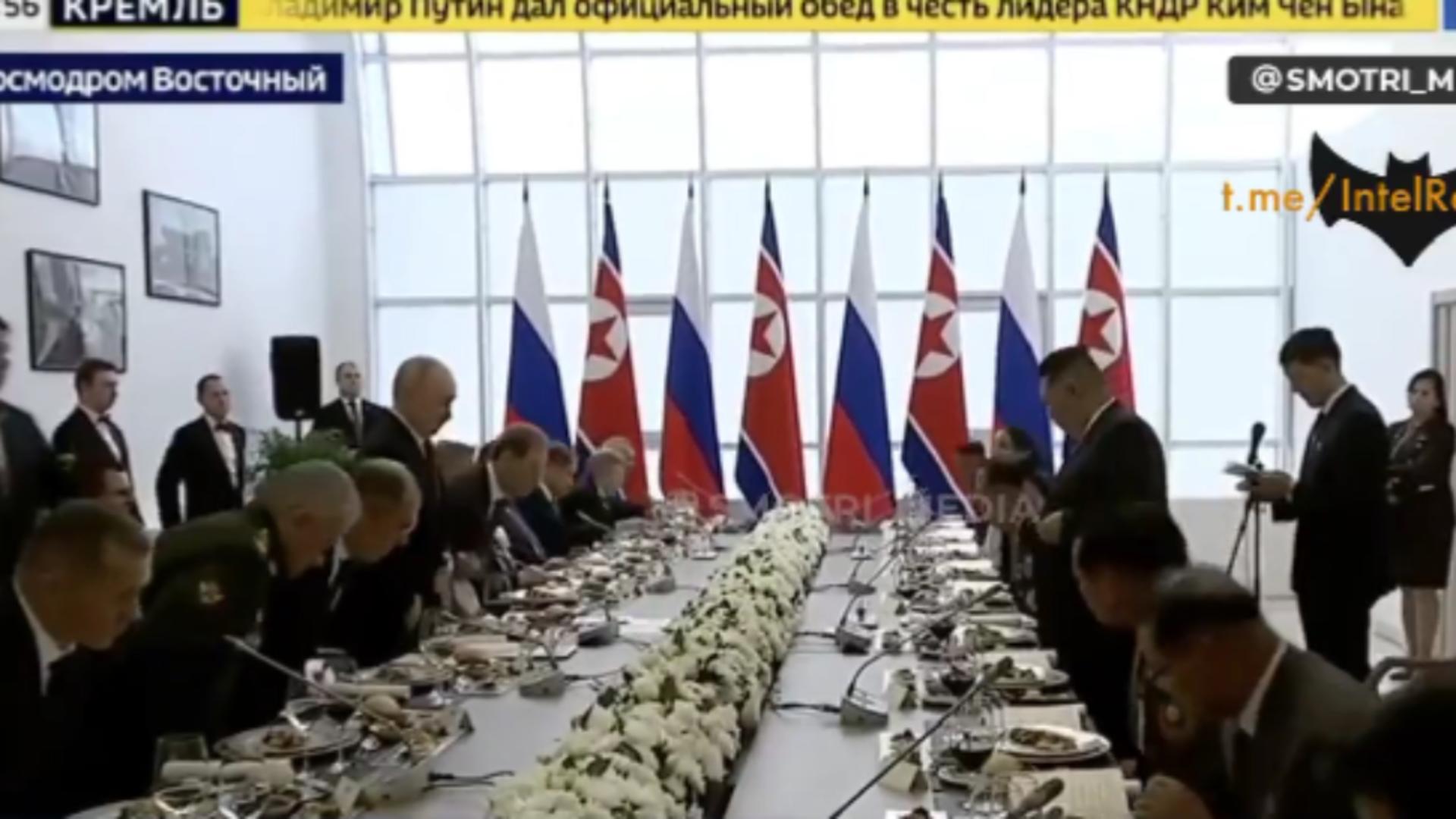 Desfăț culinar la dineul oferit de Vladimir Putin, la Cosmodromul Vostocini - Cu ce bunătăți l-a tratat pe Kim Jong Un - VIDEO
