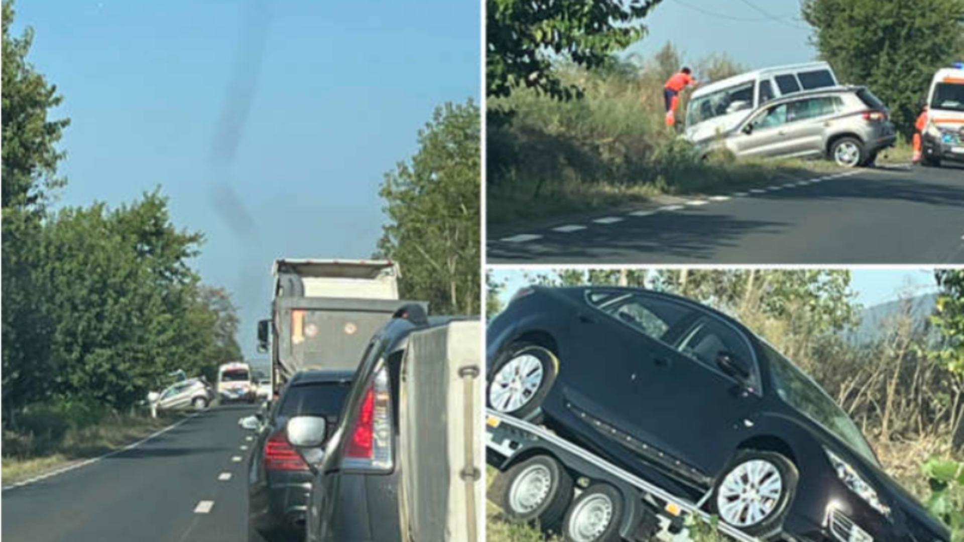 Accident grav, cu 6 răniți, în Arad. Un microbuz s-a cioncnit cu alte 2 vehicule – FOTO
