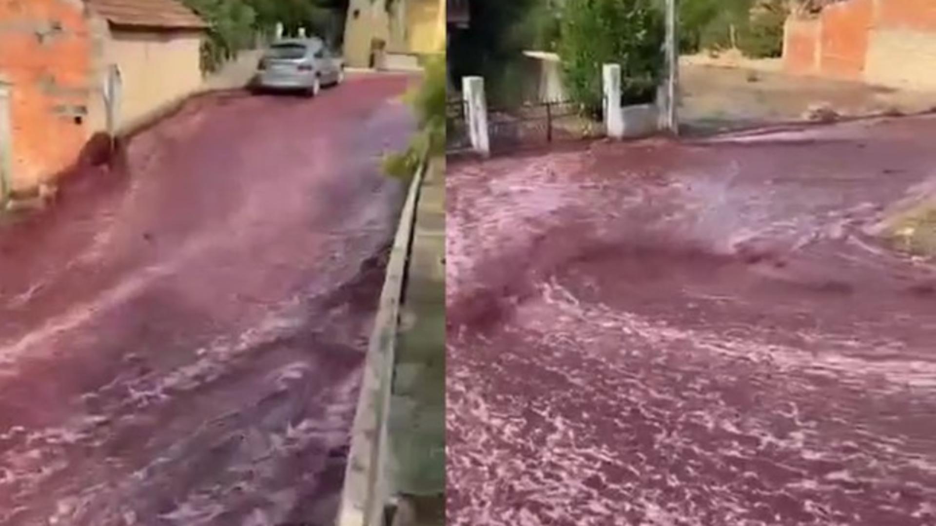Incident incredibil în Portugalia: Un oraș a fost inundat de vin roșu – Momentul în care peste 2 milioane de litri se revarsă pe străzi – VIDEO