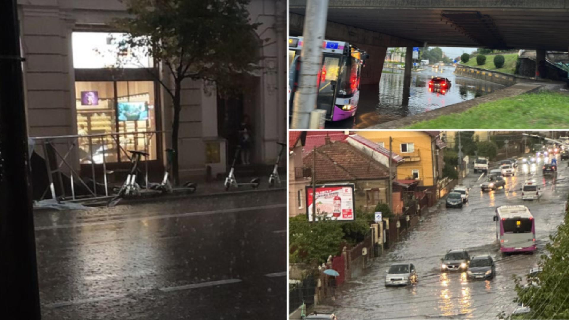 Schelă căzută în centrul Clujului și străzi inundate / Foto: Info Trafic Cluj-Napoca - Facebook