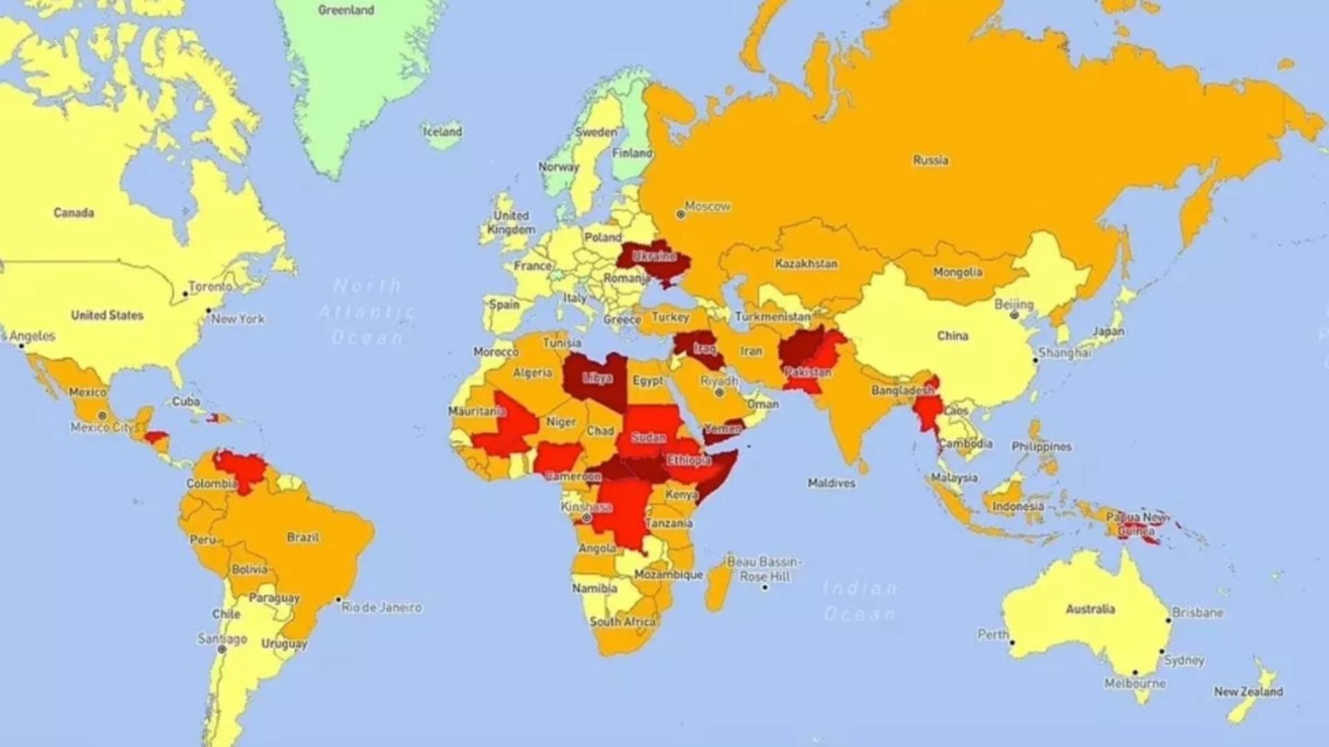 Harta celor mai periculoase țări din lume. Foto: The Mirror
