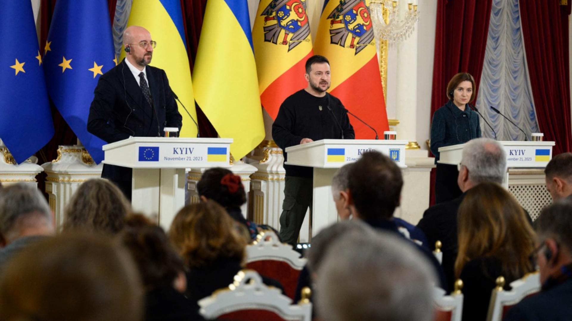 Charles Michel, preș Consiliul European, Zelenski și Maia Sandu, la Kiev. Foto/Profimedia 