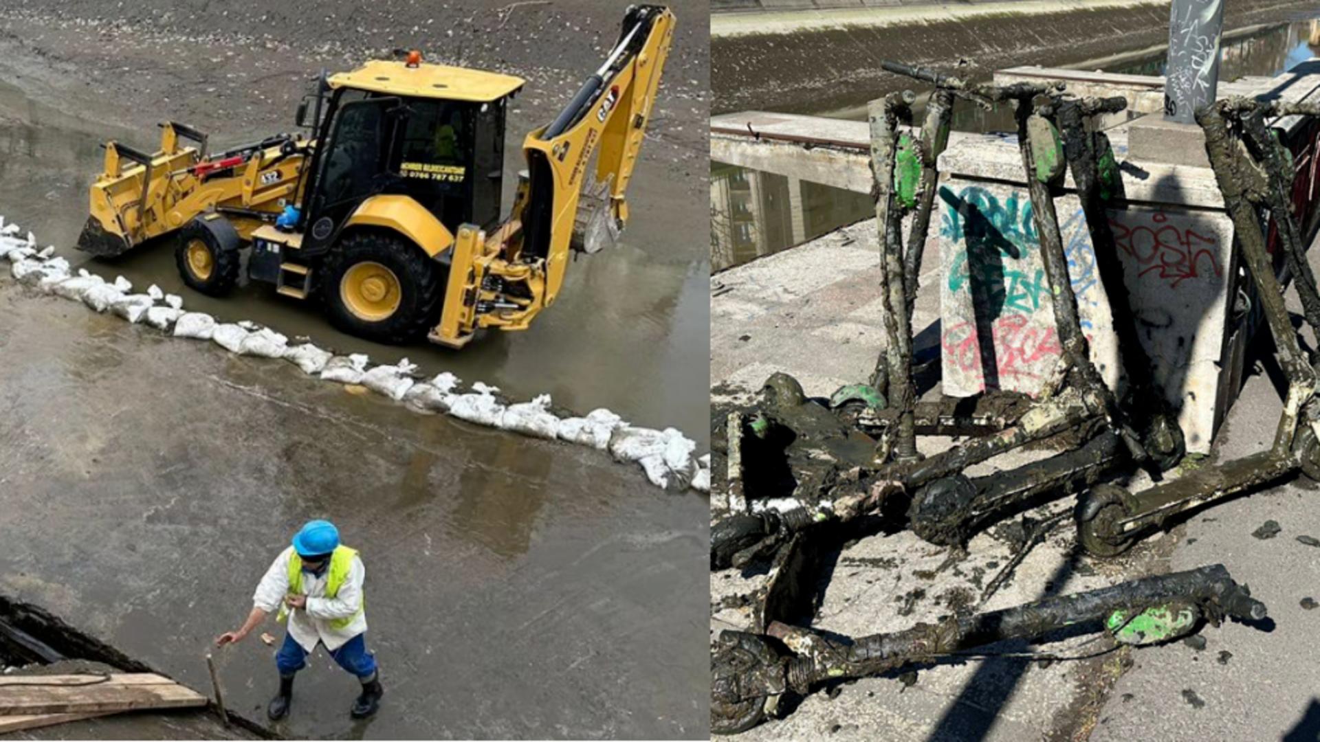 Lucrări pe râul Dâmbovița între Operă și planșeul de la Unirii, pentru remedierea unor fisuri. Foto: Facebook