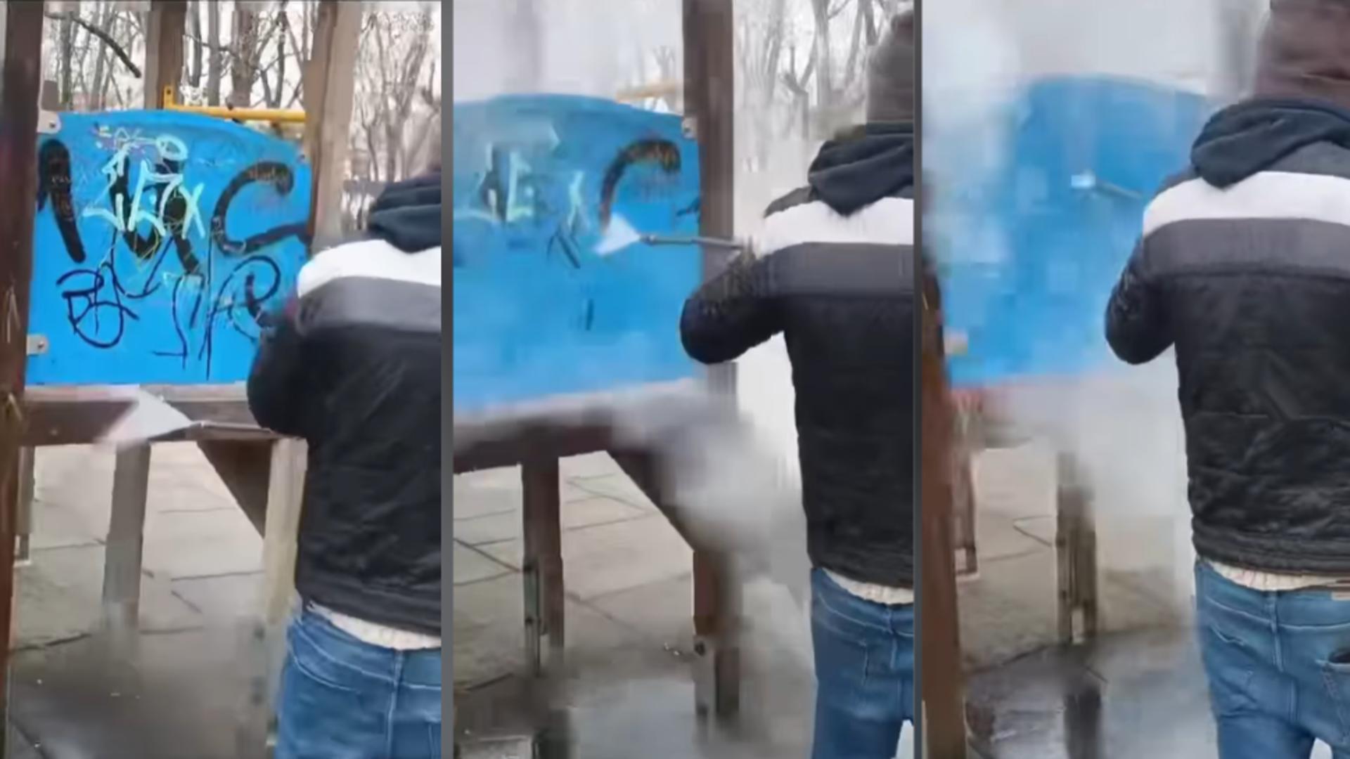 Primăria București a achiziţionat un aparat nepoluant pentru îndepărtarea desenelor graffiti. Foto: Facebook