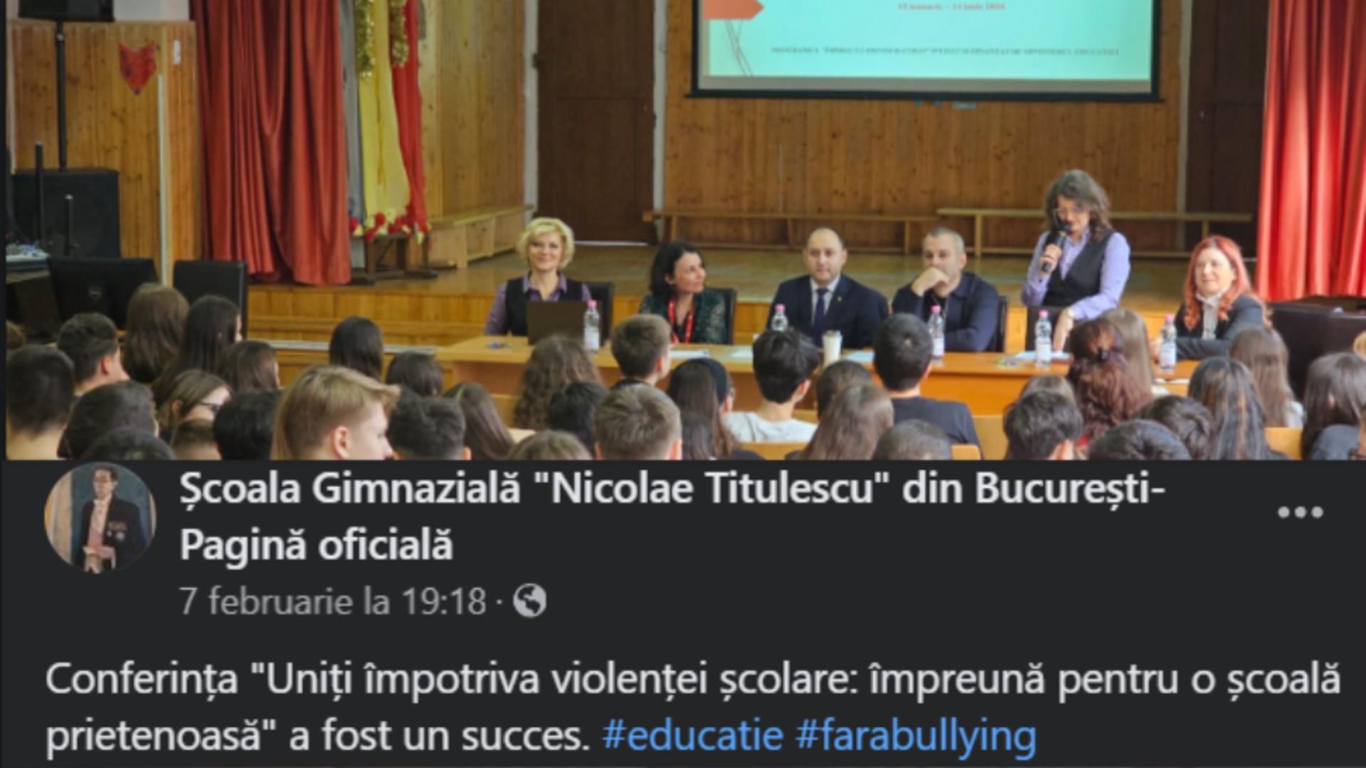 Ipocrizie fără margini la școala “Titulescu”. Înaintea scandalului legat de abuzuri, conducerea se lăuda că o conferința împotriva violenței școlare a fost un SUCCES