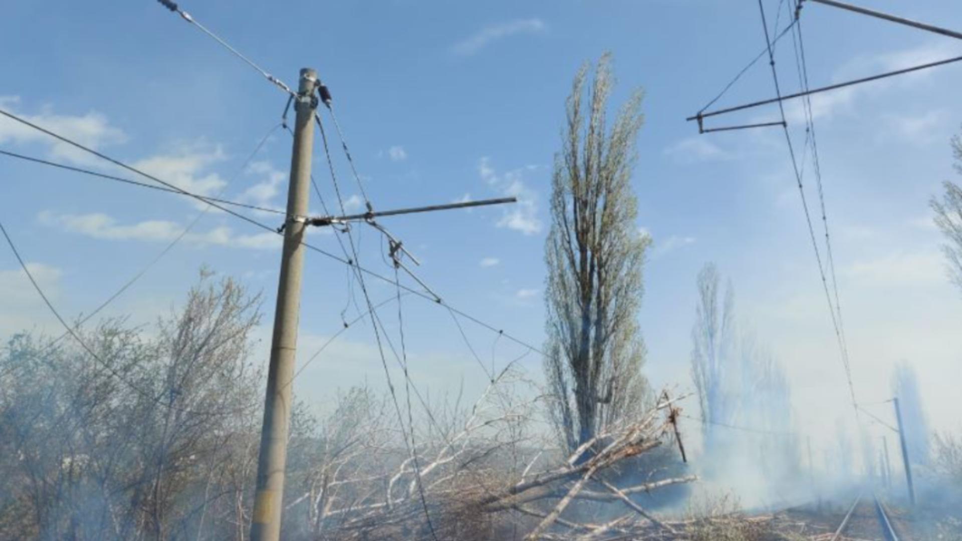 Circulaţie feroviară, oprită temporar între Ploieşti Sud şi Buzău din cauza unui copac căzut pe linie și a unui incendiu izbucnit în apropiere/ Captură foto