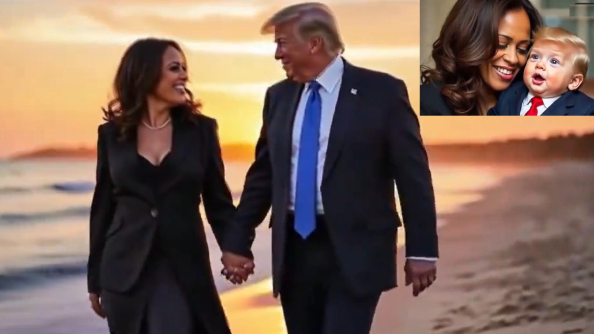 Imagine din videoclipul AI care i-a prezentat pe Trump și Kamala ca fiind un cuplu