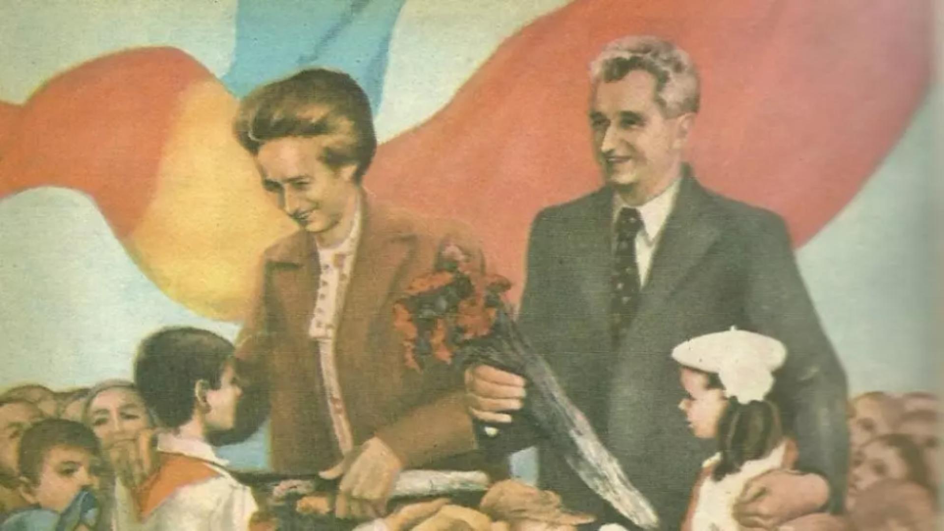 Elena si Nicolae Ceaușescu intr-un tablou omagial