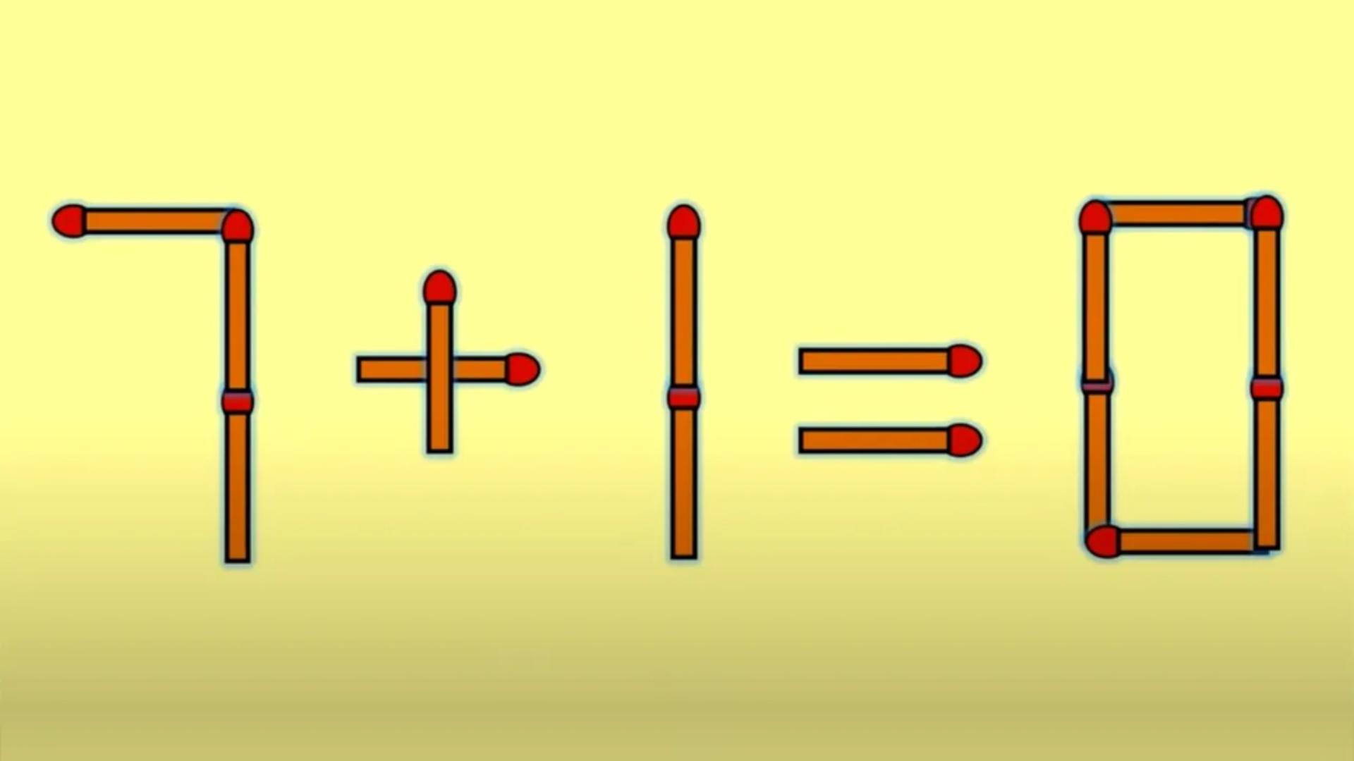 Test de logică: Corectează 7 + 1 = 0 prin mutarea unui singur băț de chibrit