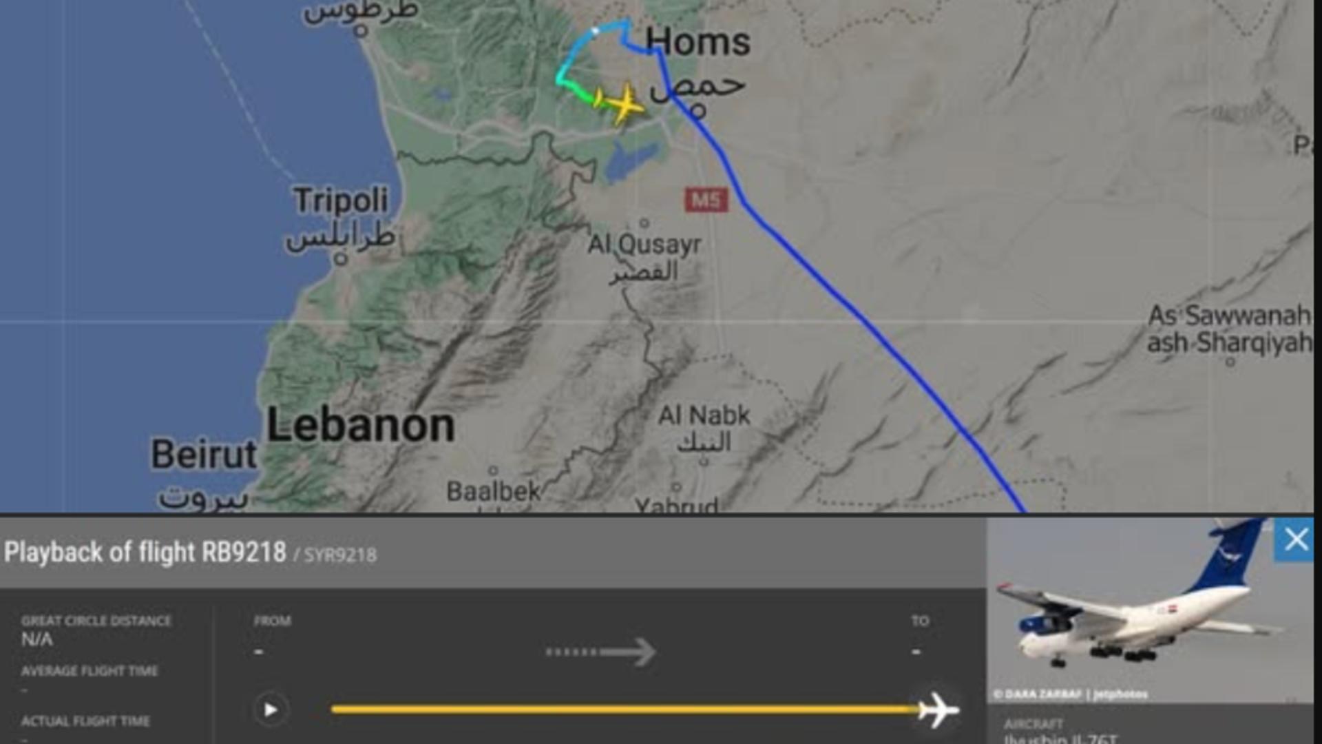 Traseul aeronavei în care s-ar fi aflat fostul lider sirian (Flight Radar 24)