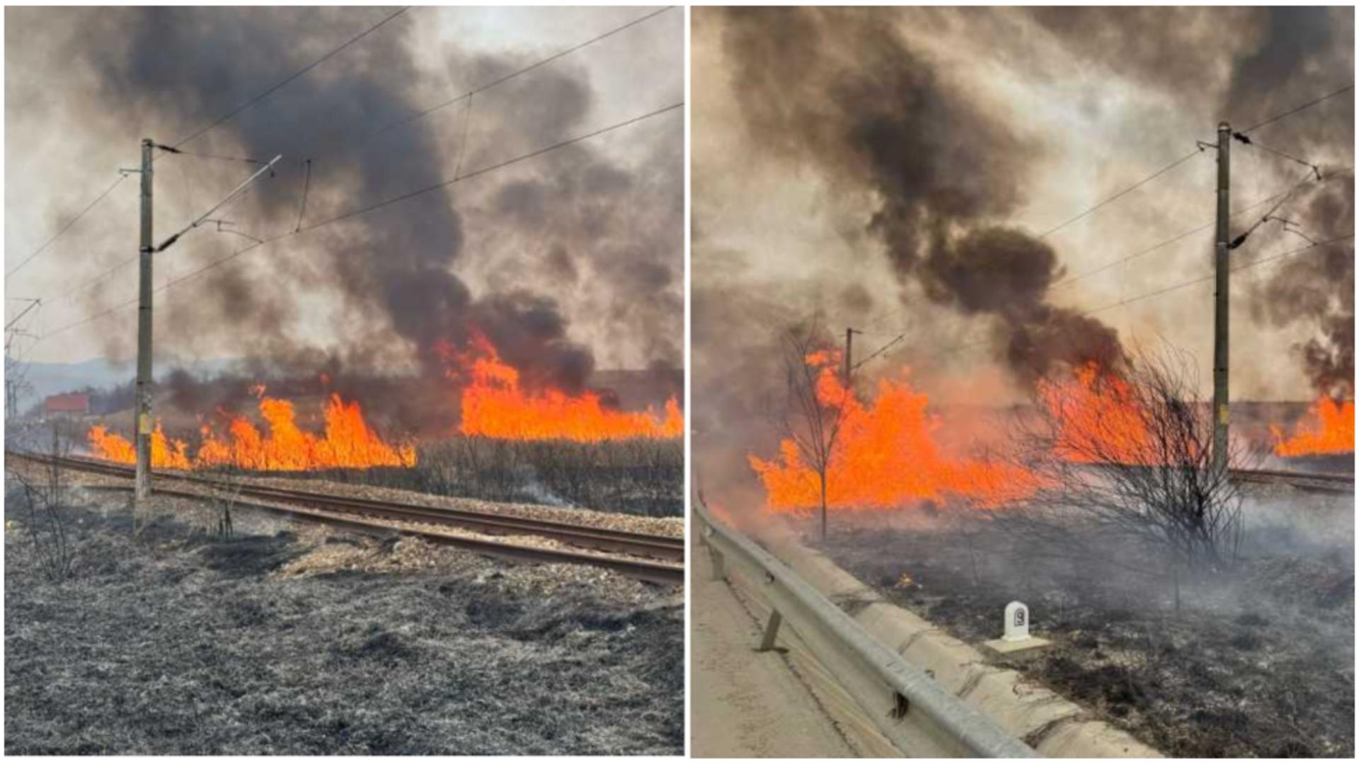 Trafic feroviar blocat de un incendiu de vegetație. Un tren cu 31 de pasageri, oprit din drum. Există riscul ca locomotiva să ia foc