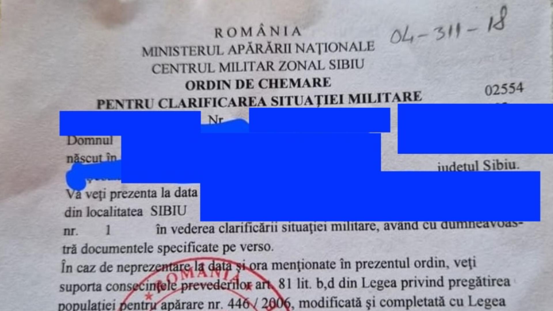 Un ordin de chemare pentru clarifivarea situației militare (sursă: FB/Turnul Sfatului)