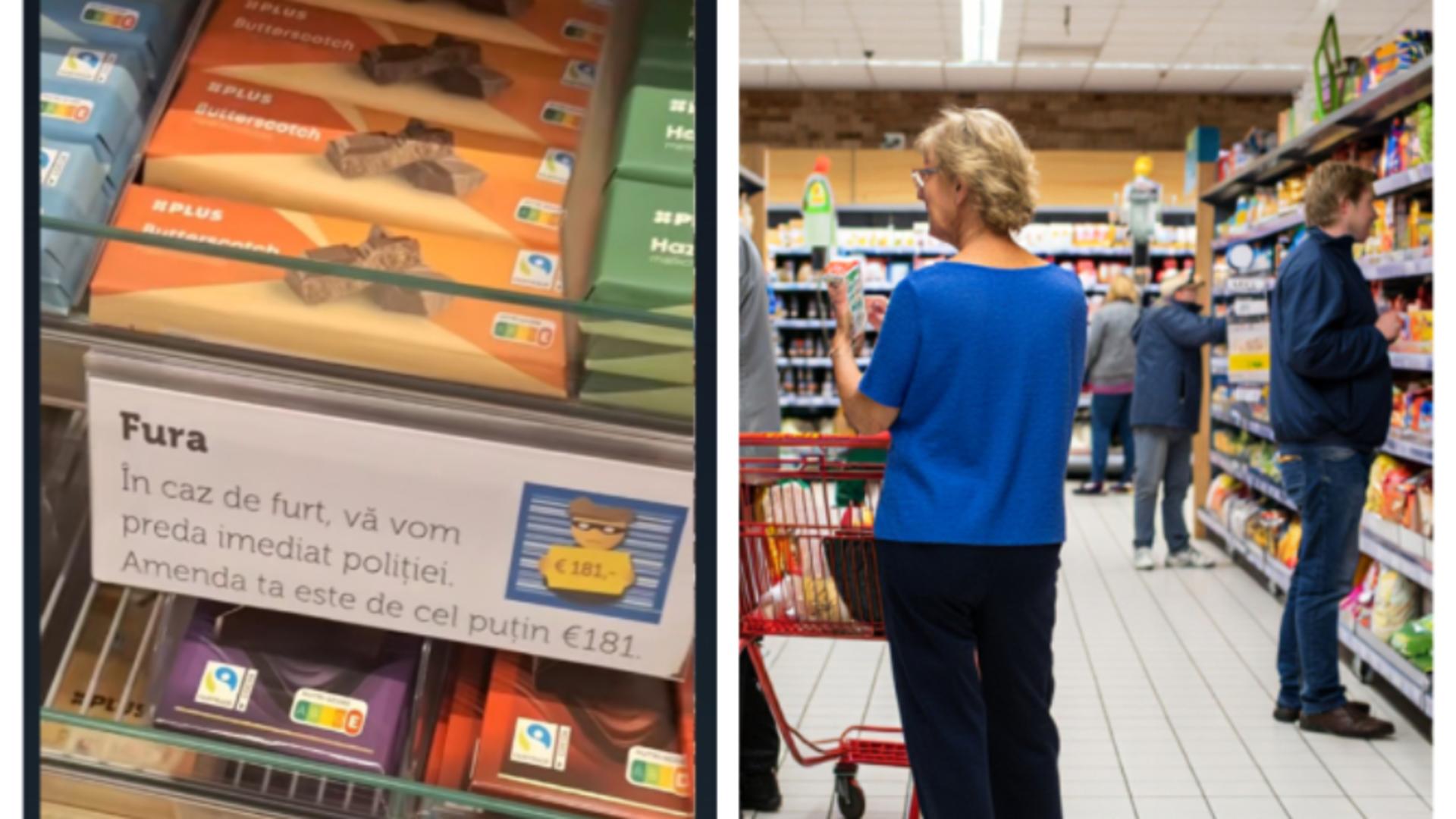 Afisul amplata pe un raft al magazinului (sursă: Stiridiaspora.ro)