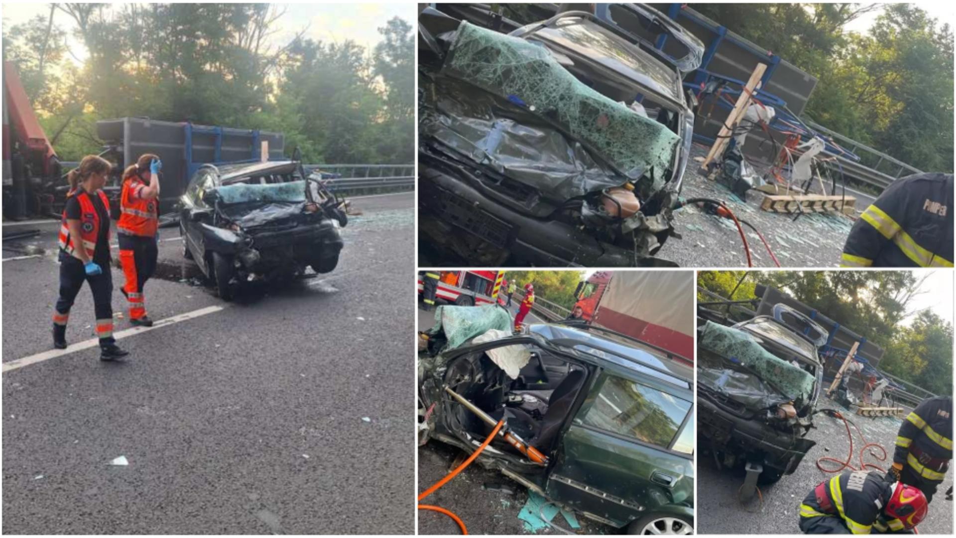 Mașină spulberată de un TIR, pe Valea Oltului. FOTO: IPJ Vâlcea 