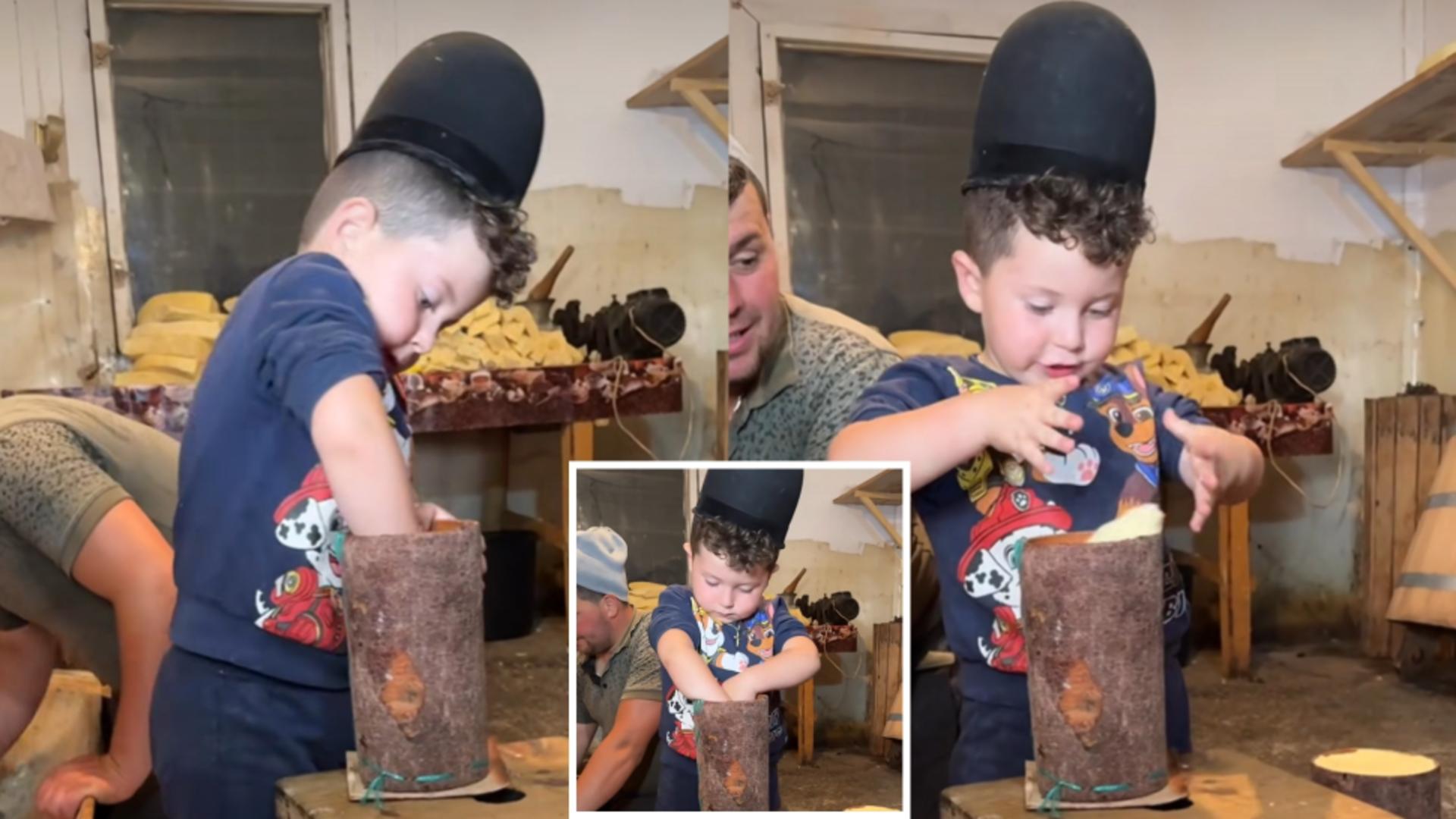  Un copil de doar 4 ani face brânză de burduf. FOTO: Captură Facebook