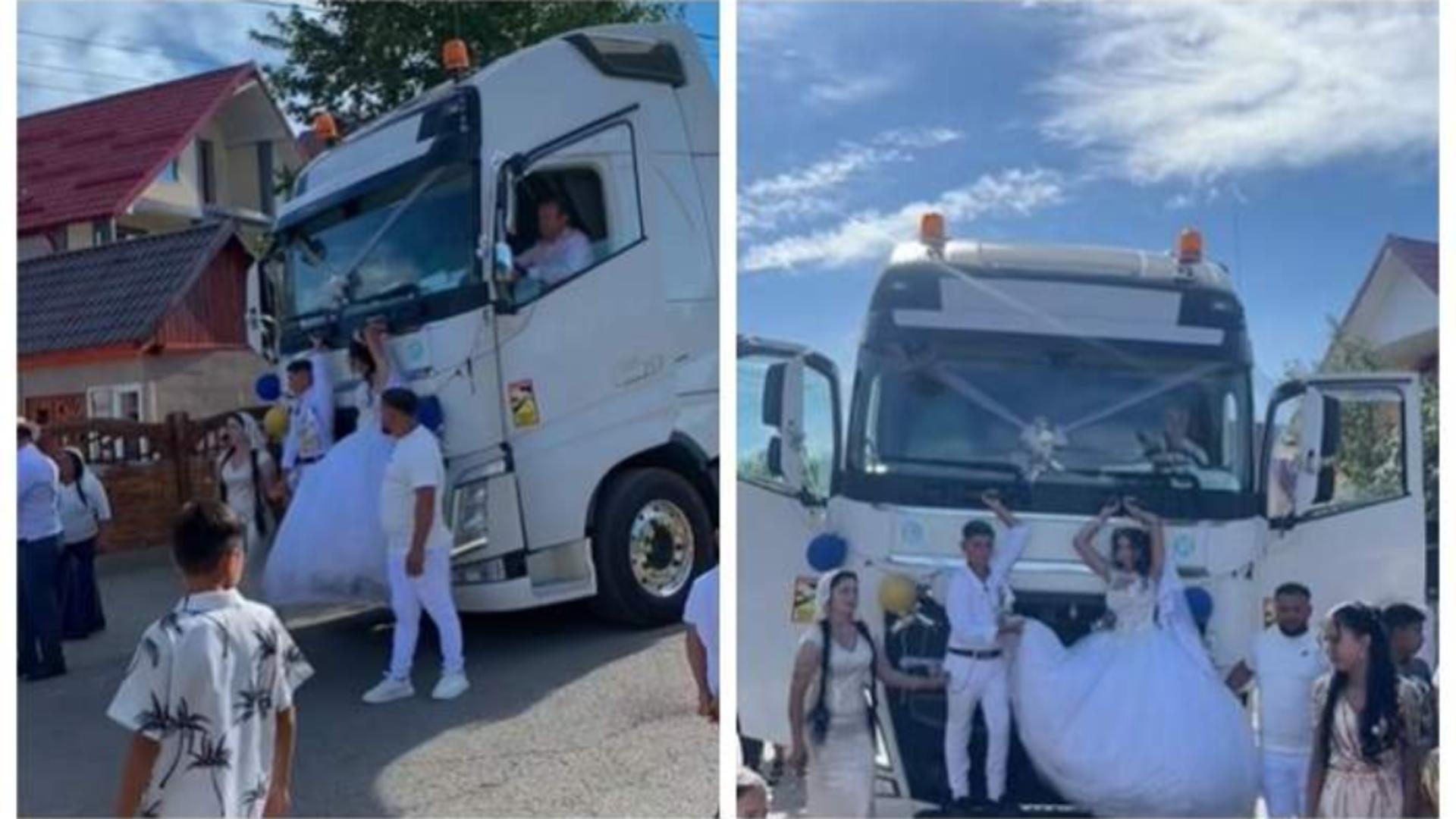 Moment inedit la o nuntă din România: mirii au fost legați de un camion. Imaginile au devenit virale
