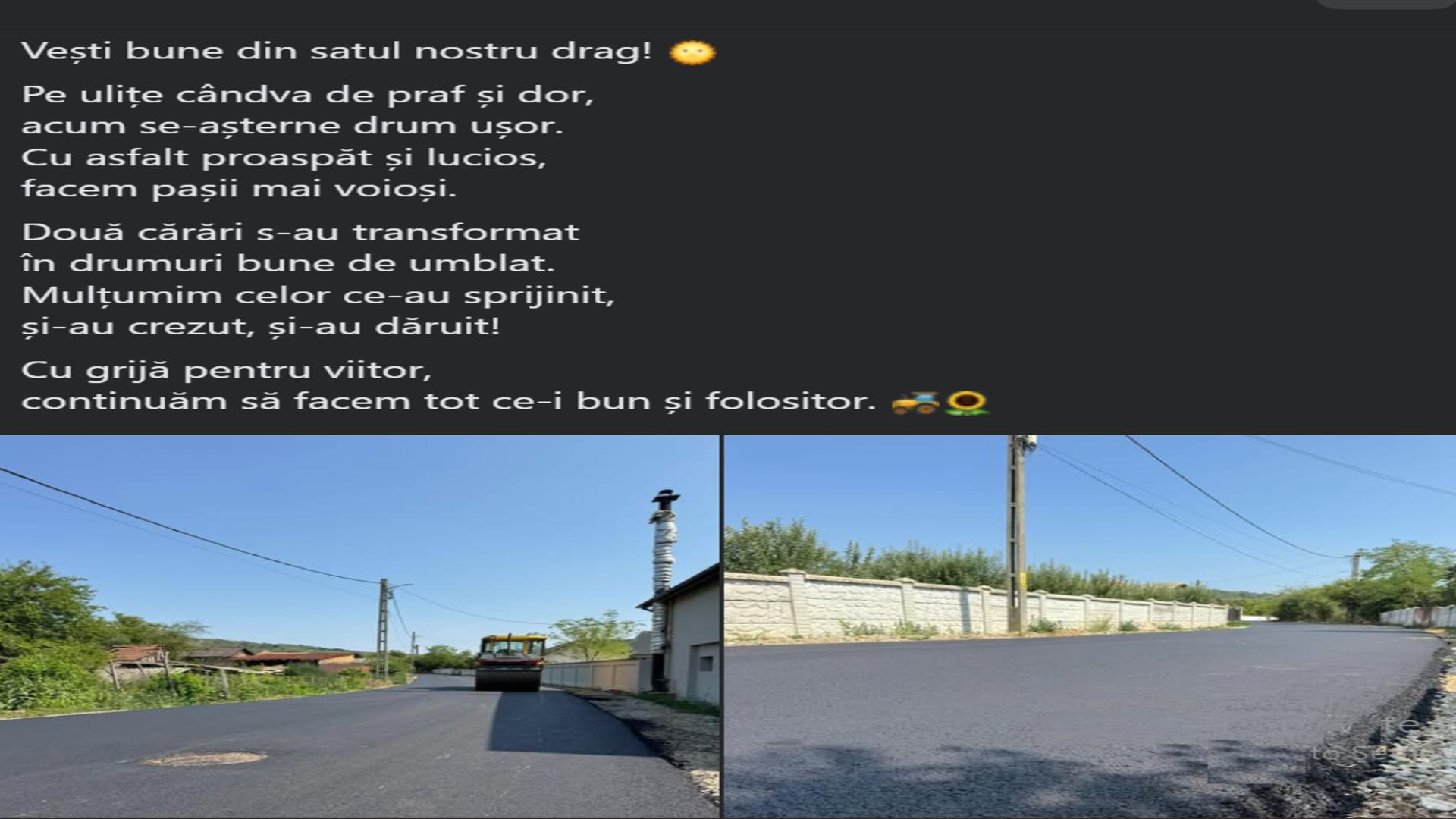 Asfaltarea unor străzi, omagiată cu o poezie pe pagina oficială a unei primării din Gorj: "Mulțumim celor ce-au sprijinit, și-au crezut, și-au dăruit!"