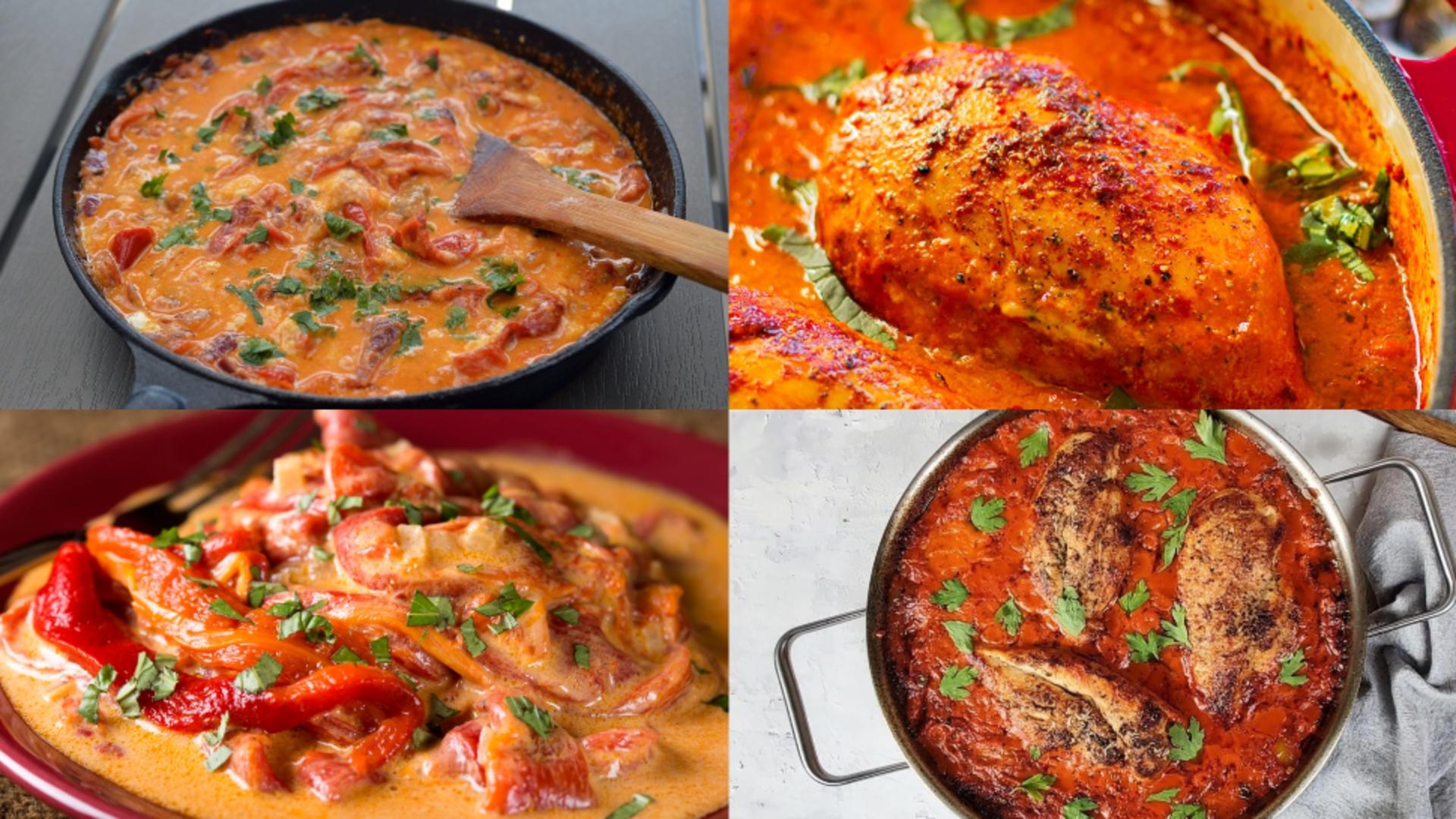 Piept de pui cu sos de ardei copți și smântână