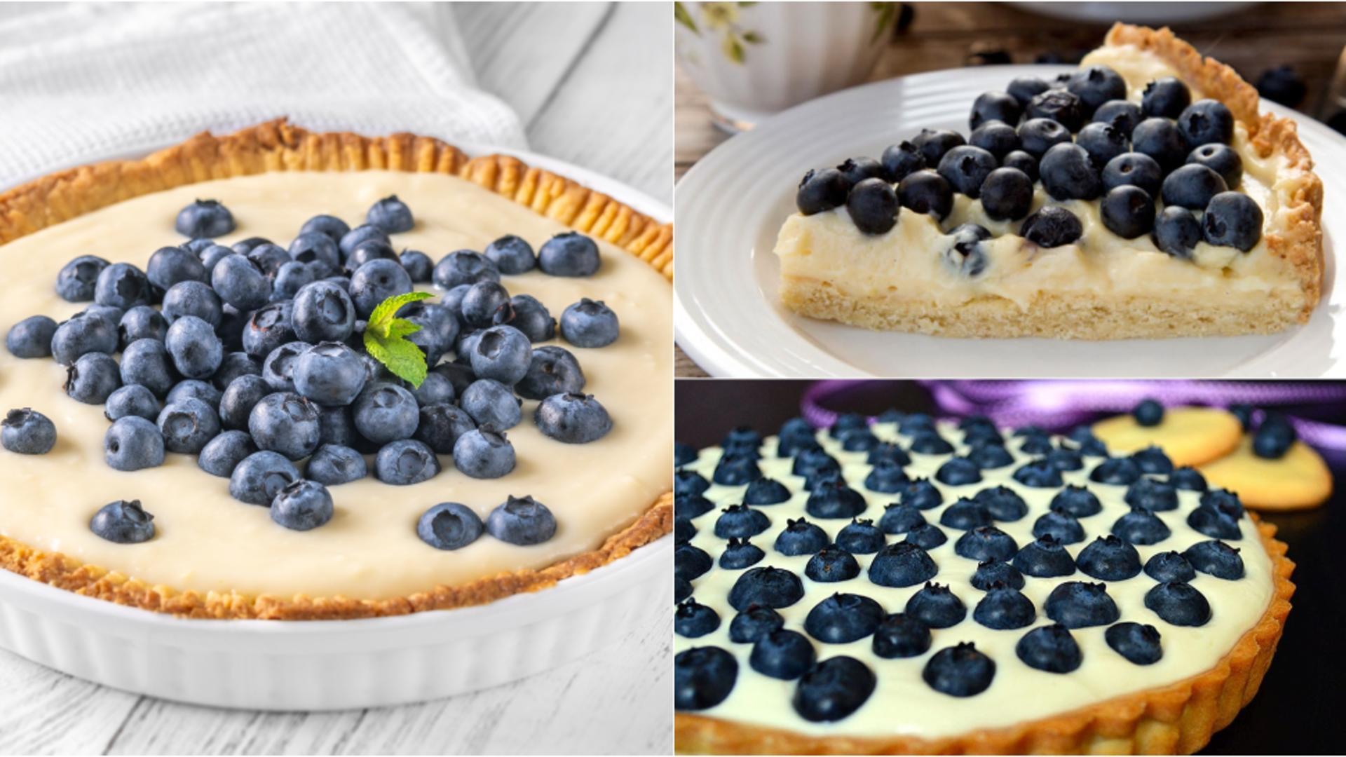 Tartă cu afine și cremă de vanilie.