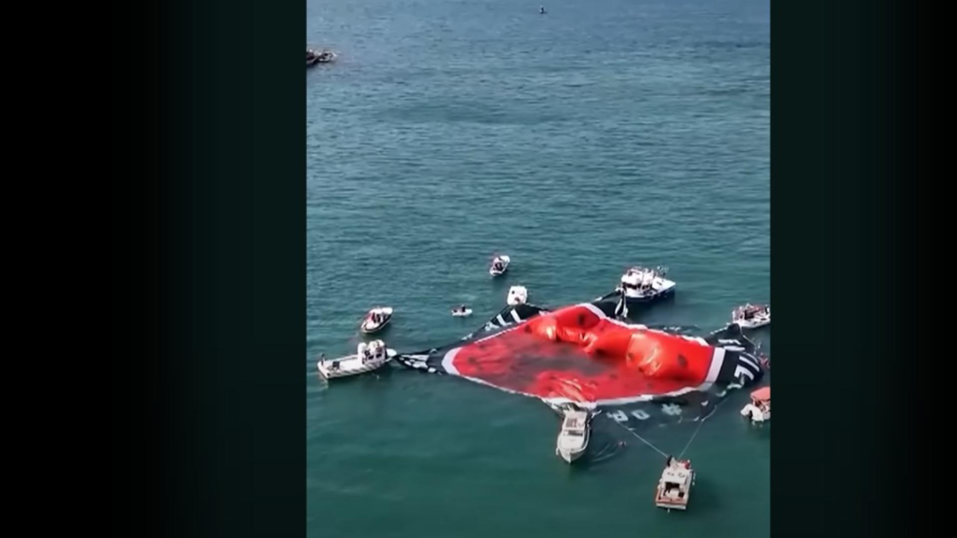 Mai multe bărci au desfășurat pe apă un banner cu un mesaj pro-palestinian. Foto/Captură video