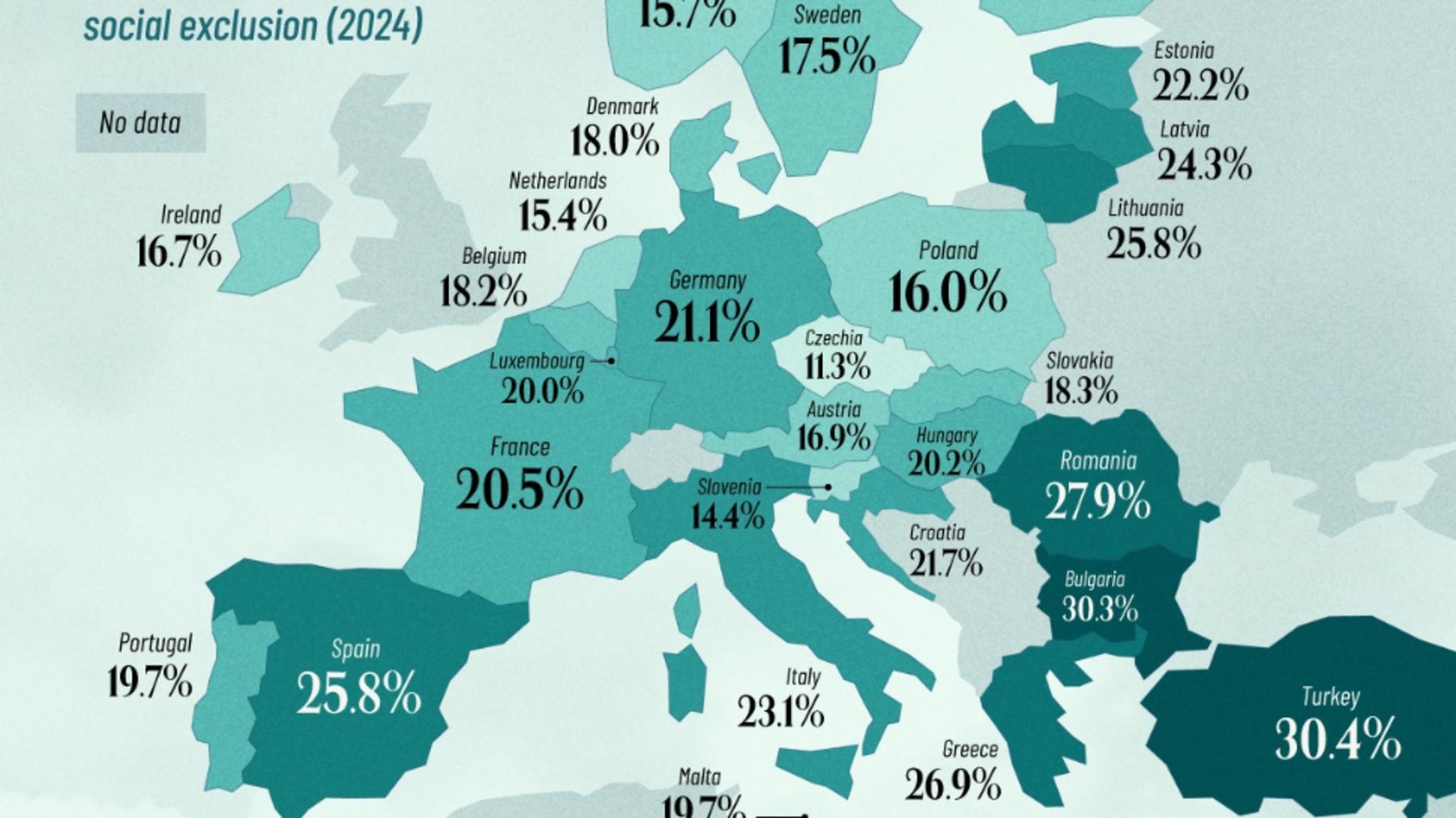 Harta sărăciei în Europa. Foto: VisualCapitalist