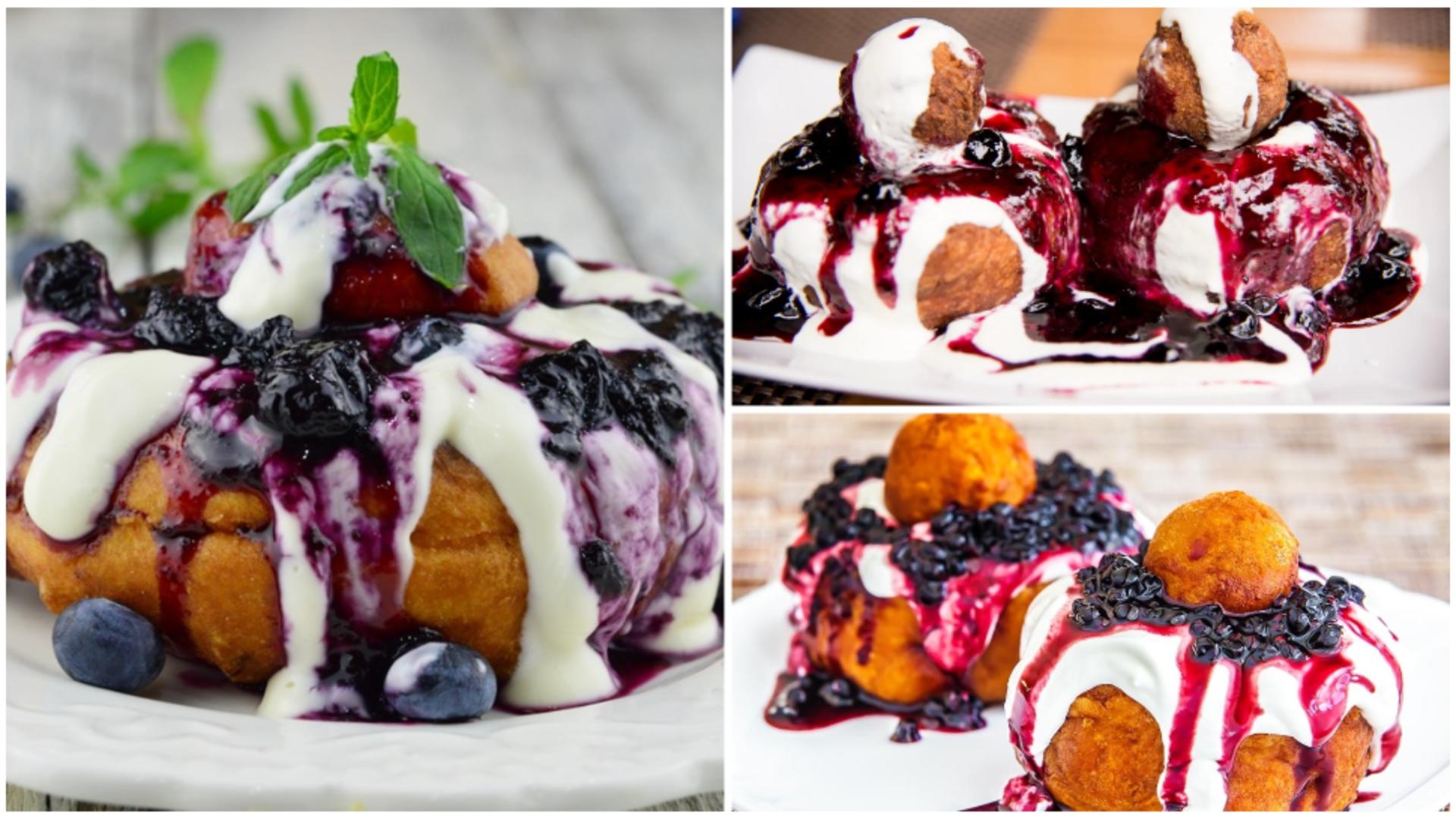 Papanași pufoși cu brânză dulce de vaci.