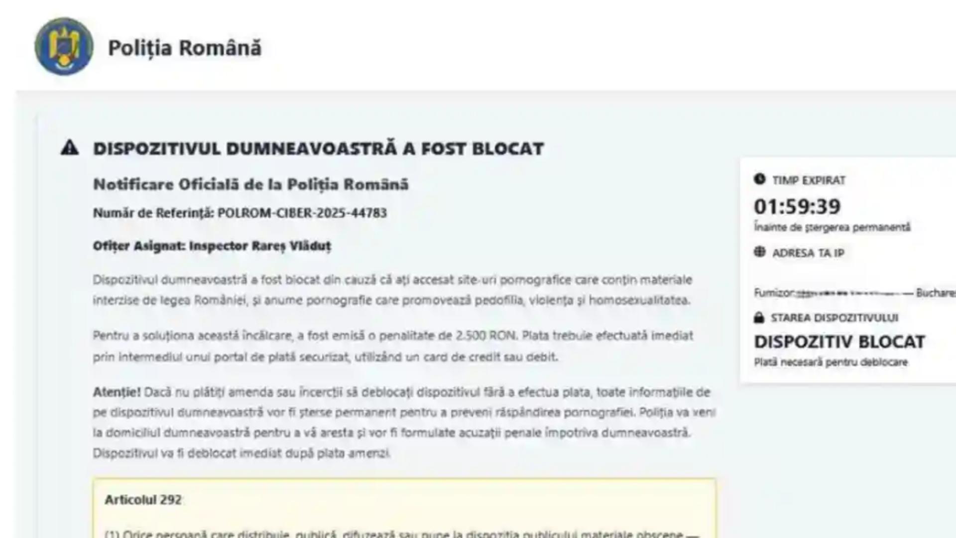 Mesaje false în numele Poliției Române: Nu dați curs avertizărilor de tipul ,,Dispozitivul a fost blocat”