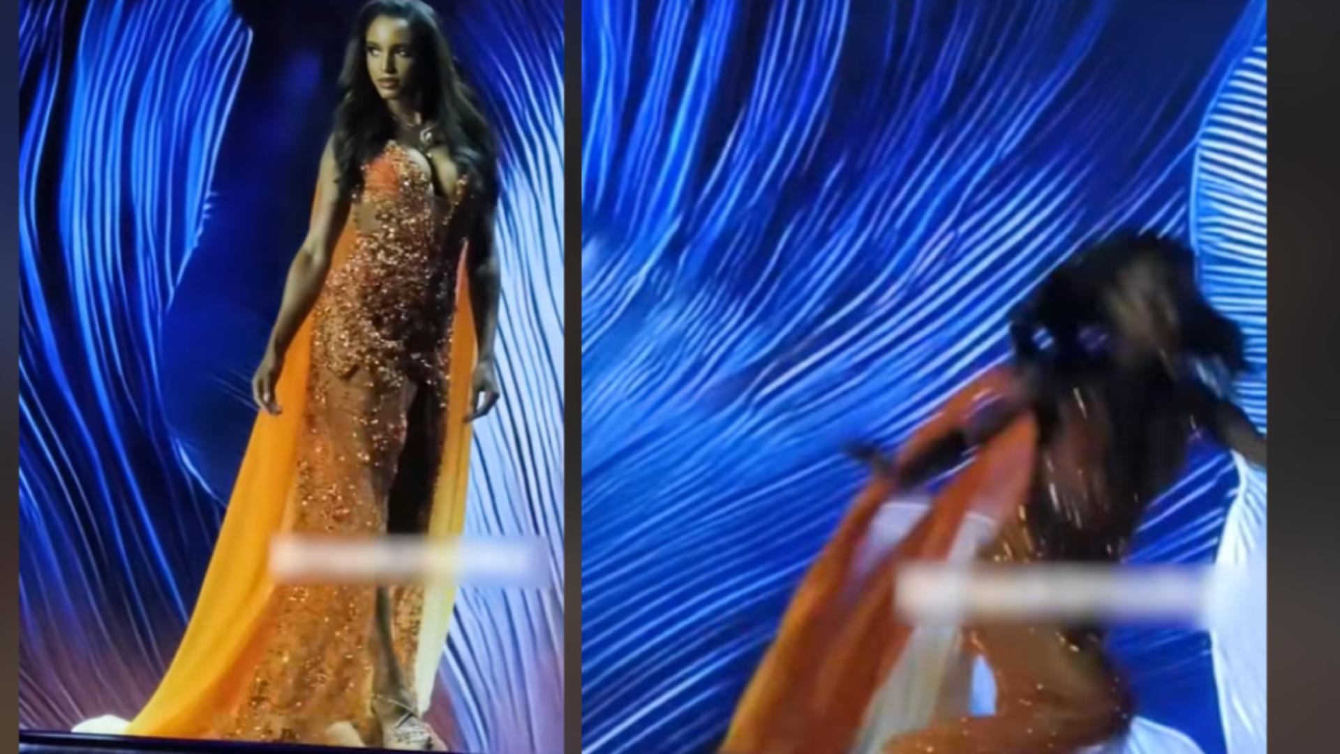 Momentul în care Miss Jamaica se prăbușește pe scena Miss Universe