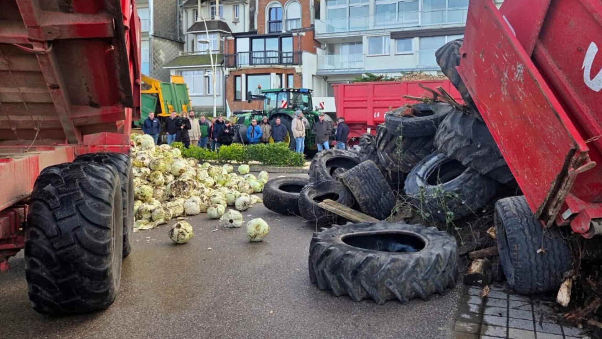 Fermierii francezi, proteste cu varză stricată și sicrie în fața casei lui Macron - VIDEO