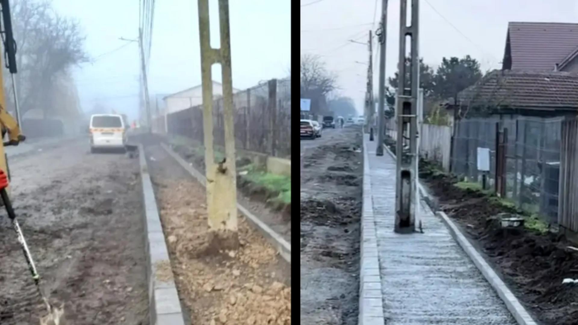 Dorel recidivează. Stâlpi de electricitate amplasați direct pe trotuar. Pietonii sunt nevoiți să meargă pe carosabil, ca să nu îi ia în brațe