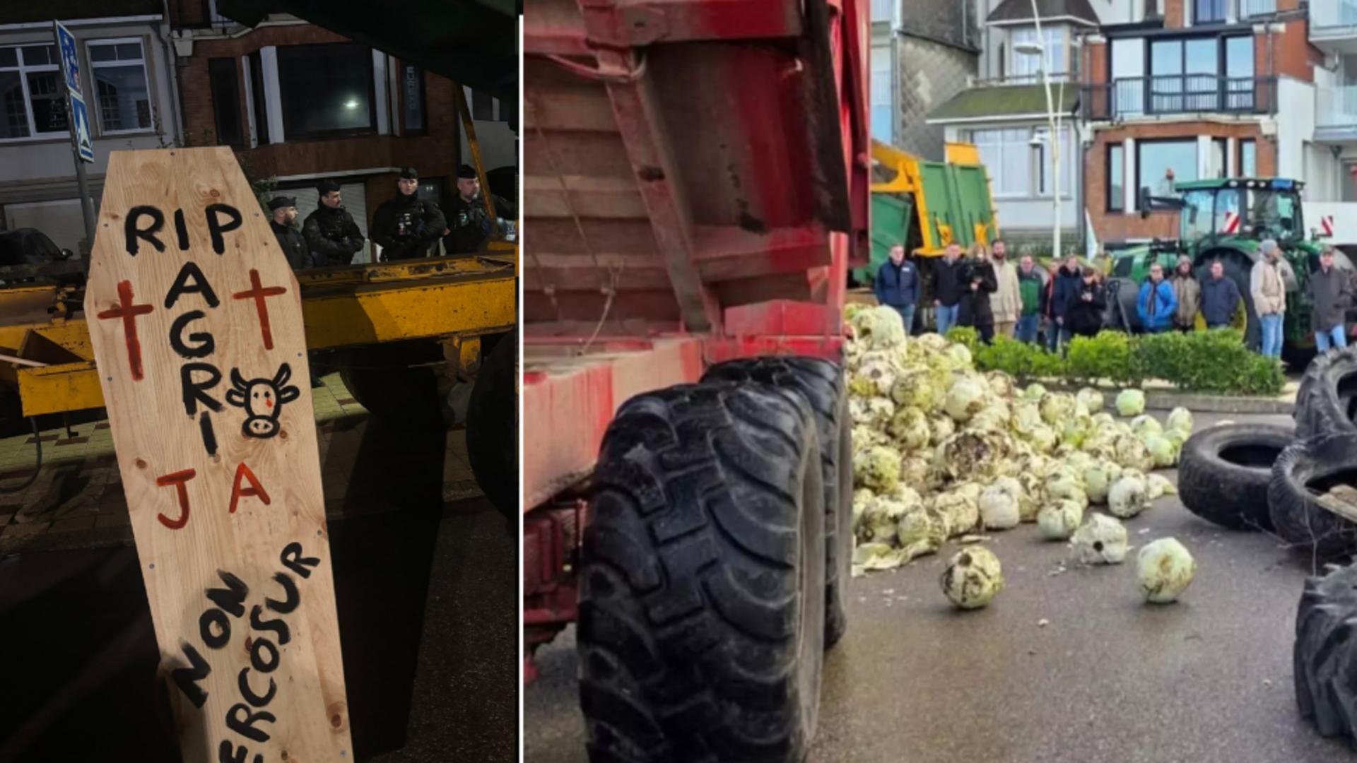 Fermierii francezi, proteste cu varză stricată și sicrie în fața casei lui Macron - VIDEO