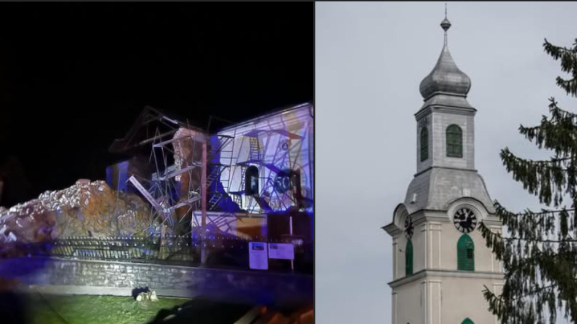 Turla bisericii, după și înainte de prăbușire