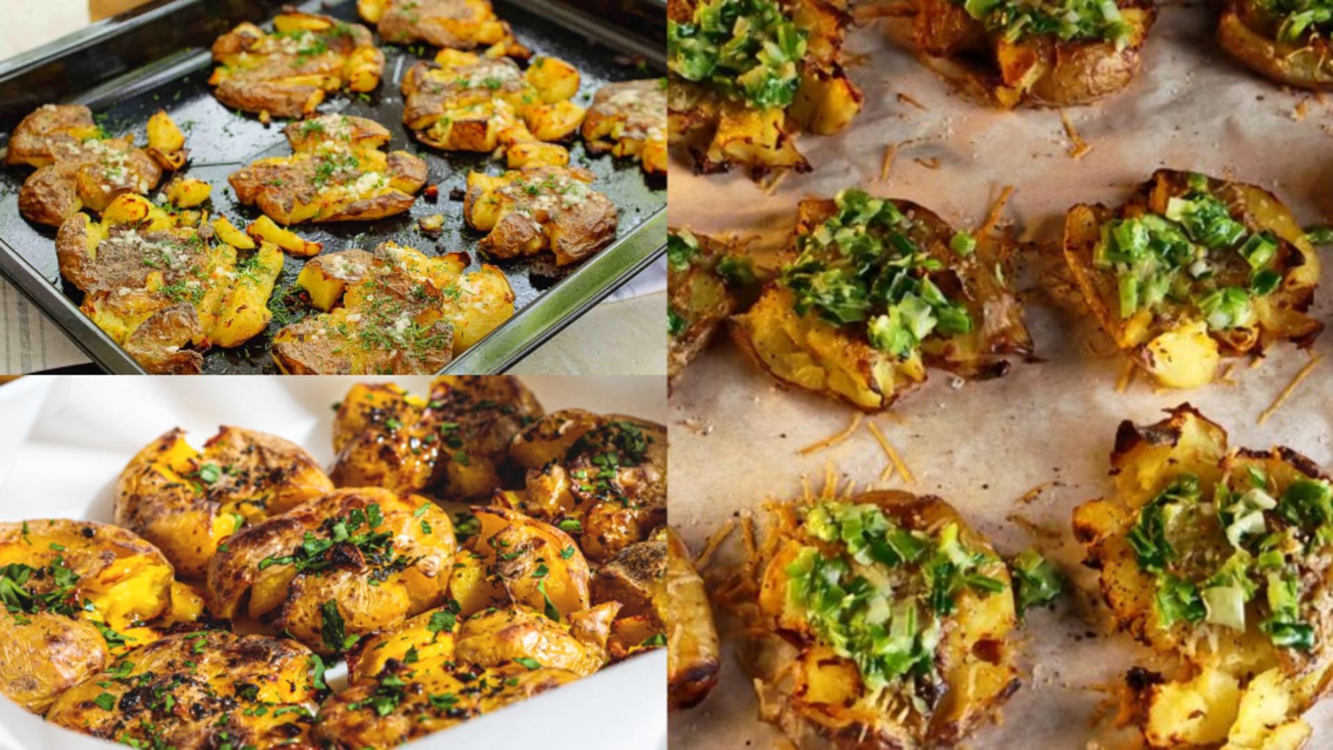 Cartofi zdrobiți, cu mujdei și parmezan