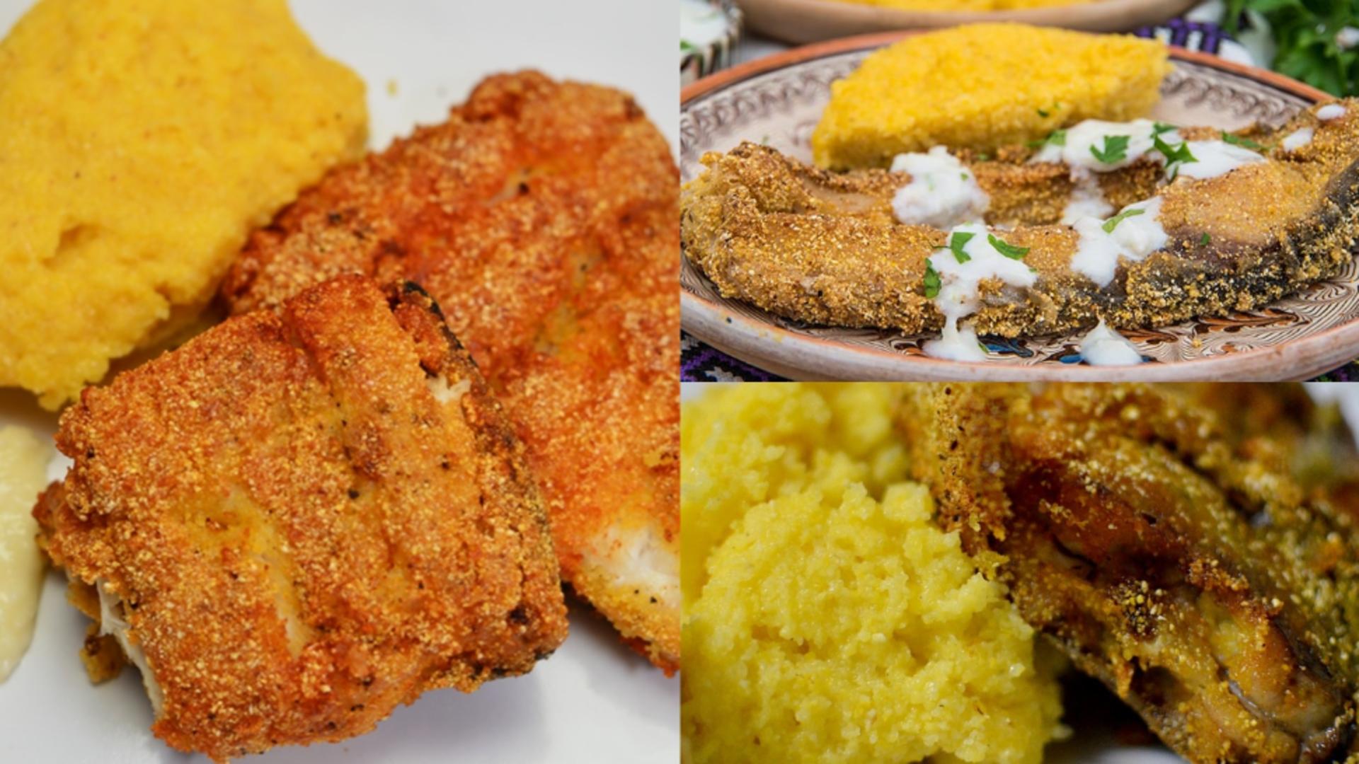  Pește în crustă de mălai cu mujdei de usturoi și mămăligă.